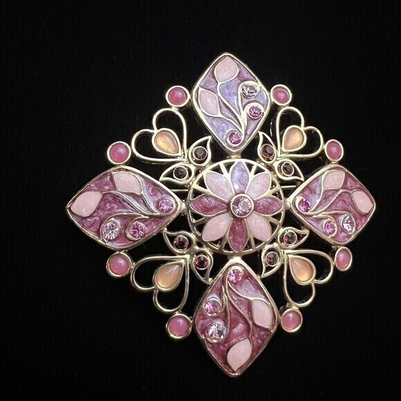 Vintage Purple Enamel and Rhinestone Square Brooch 1.5" x 1.5" - Picture 7 of 10